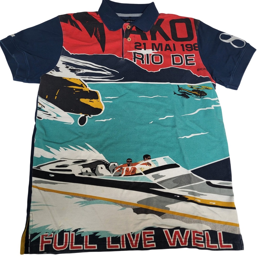 Akoo Mens Rio De Janeiro Graphic Polo Shirt Navy Blue Teal Red Size M Speedboat